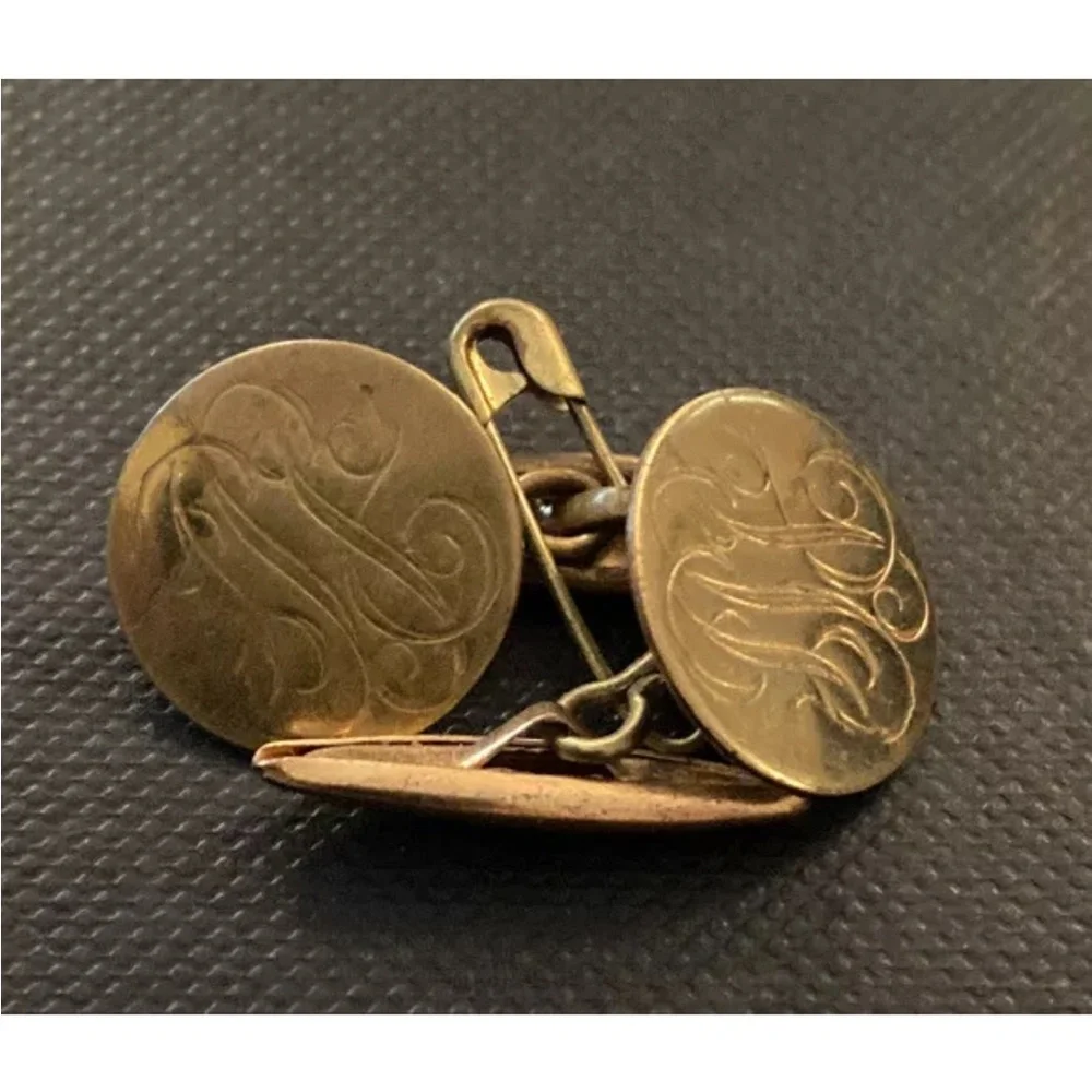 Vintage Art Deco Engraved Cufflinks Bronze Plate Gold Color Estate